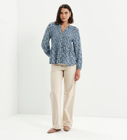 Martha Blue Flower Shirred Body Long Sleeve Blouse