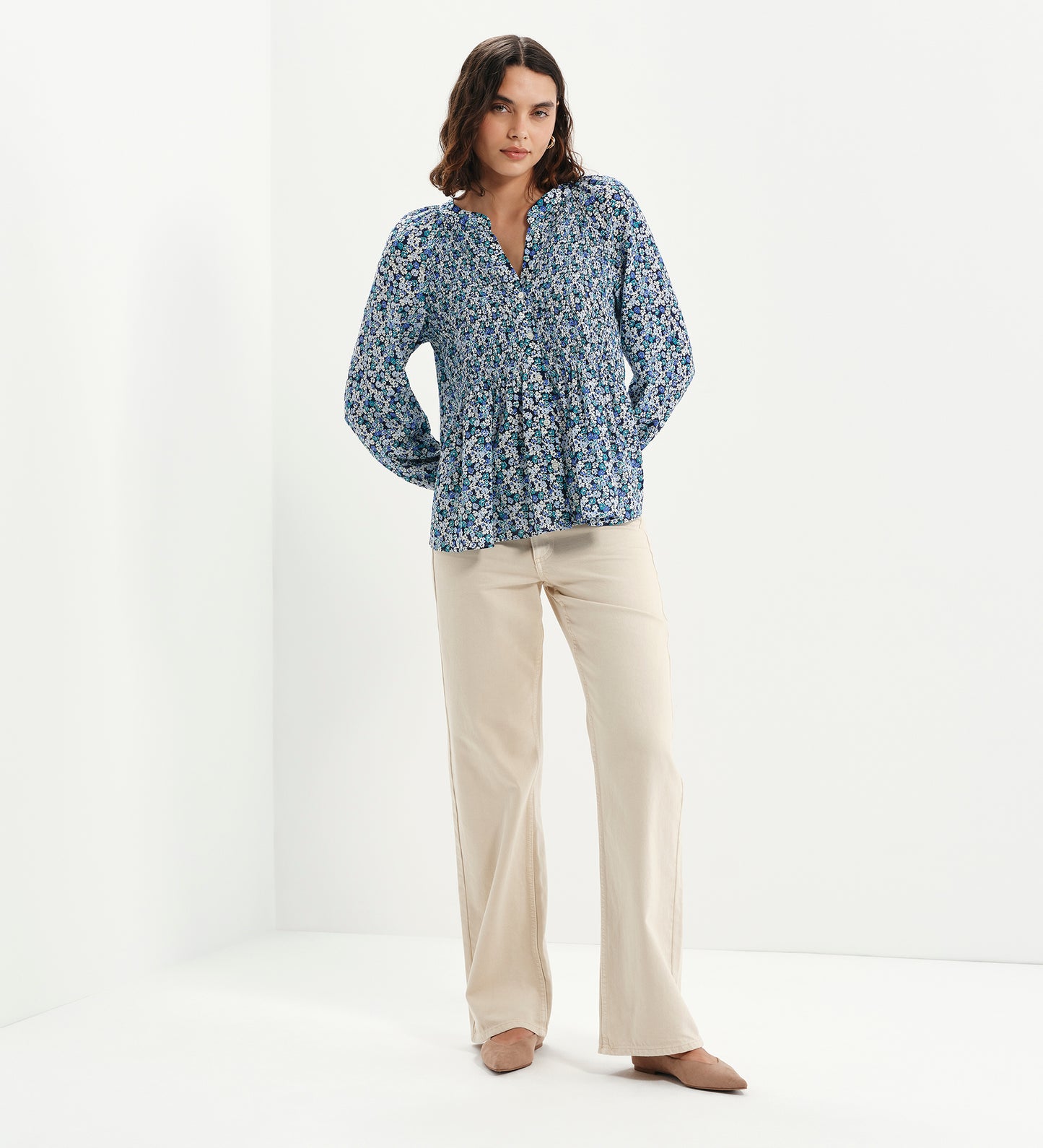 Martha Blue Flower Shirred Body Long Sleeve Blouse