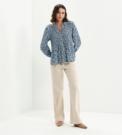 Martha Blue Flower Shirred Body Long Sleeve Blouse