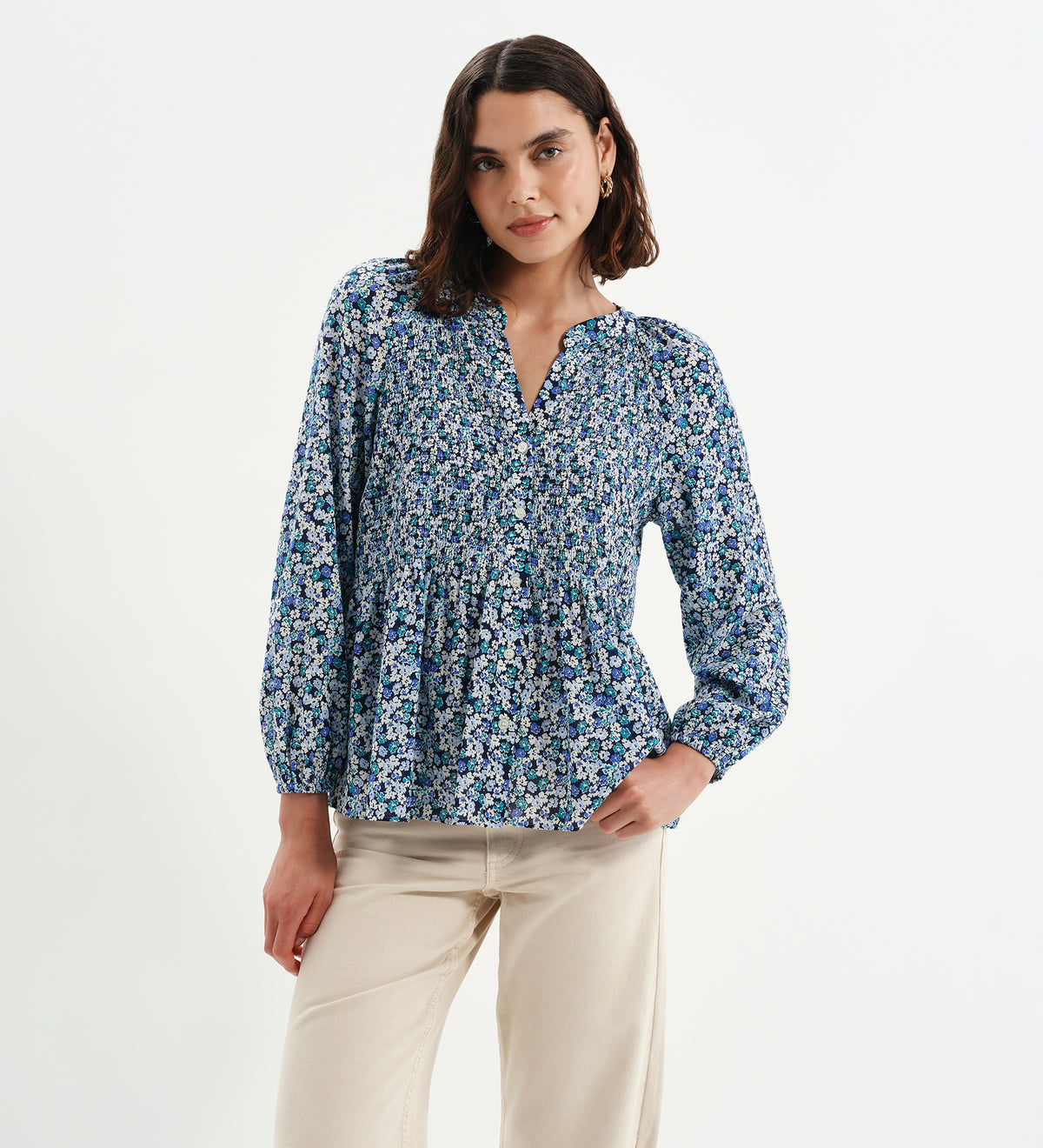 Martha Blue Flower Shirred Body Long Sleeve Blouse