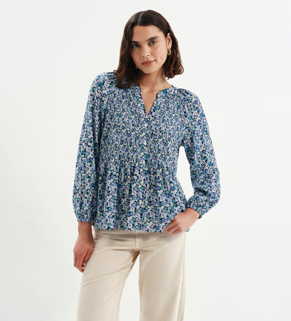 Martha Blue Flower Shirred Body Long Sleeve Blouse