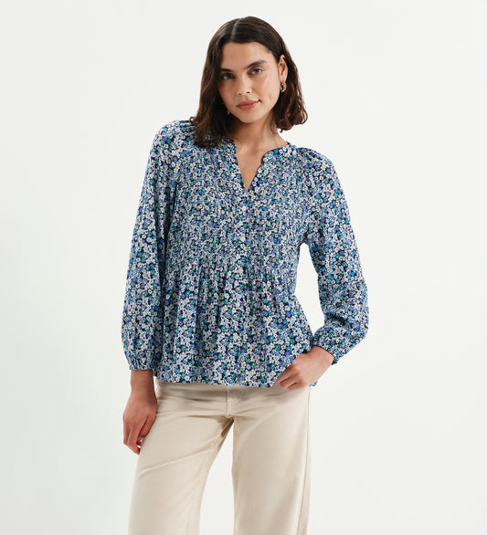 Martha Blue Flower Shirred Body Long Sleeve Blouse