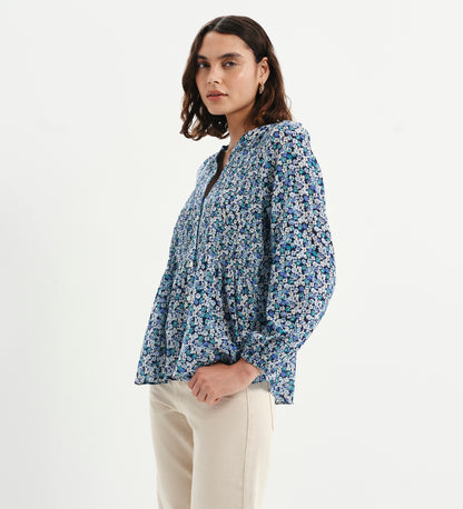 Martha Blue Flower Shirred Body Long Sleeve Blouse