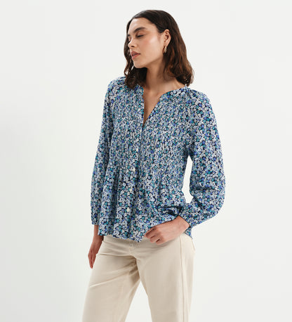Martha Blue Flower Shirred Body Long Sleeve Blouse