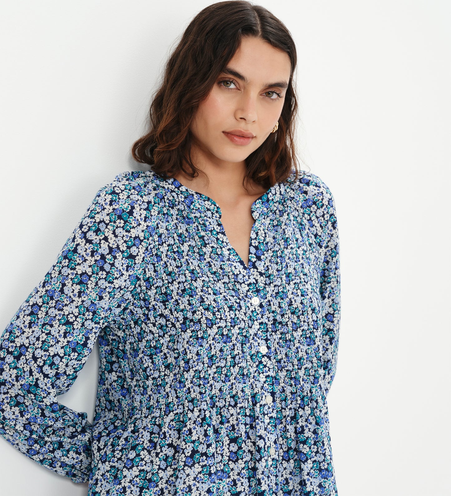 Martha Blue Flower Shirred Body Long Sleeve Blouse