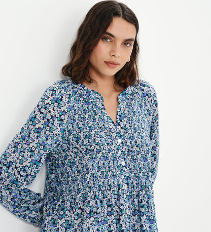 Martha Blue Flower Shirred Body Long Sleeve Blouse