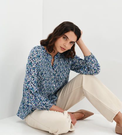Martha Blue Flower Shirred Body Long Sleeve Blouse