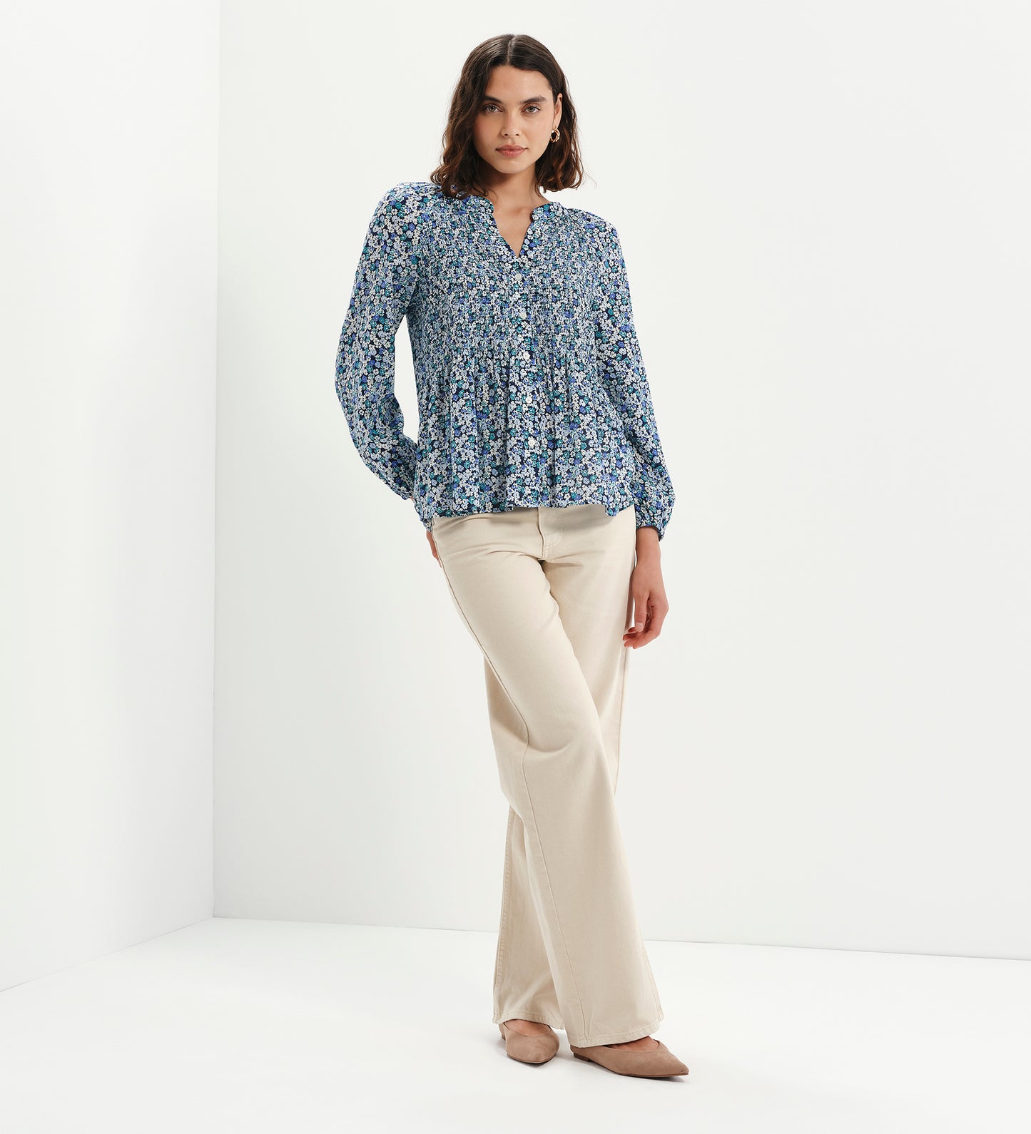 Martha Blue Flower Shirred Body Long Sleeve Blouse