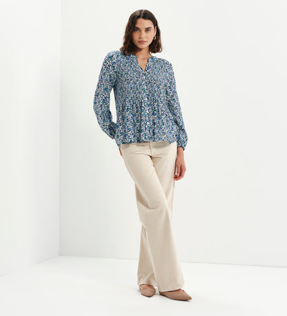 Martha Blue Flower Shirred Body Long Sleeve Blouse