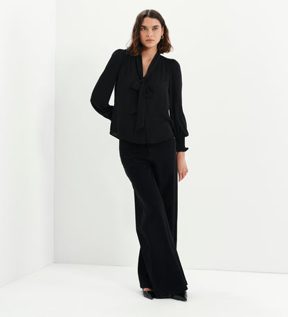 Mavis Black Pussy Bow Button-Through Blouse