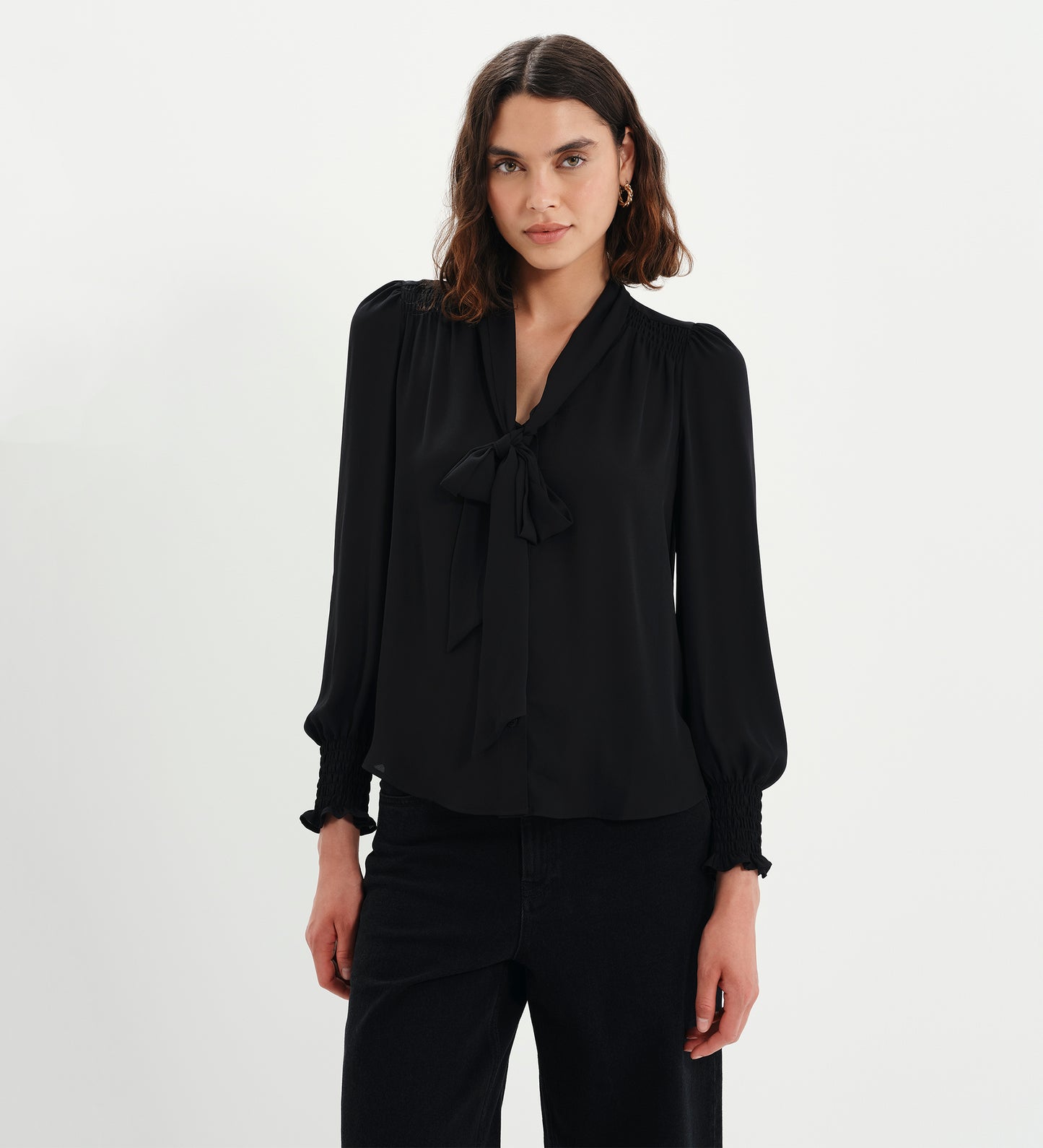 Mavis Black Pussy Bow Button-Through Blouse