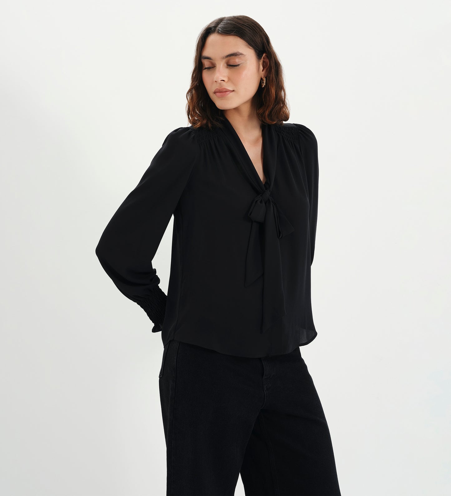 Mavis Black Pussy Bow Button-Through Blouse