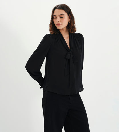 Mavis Black Pussy Bow Button-Through Blouse