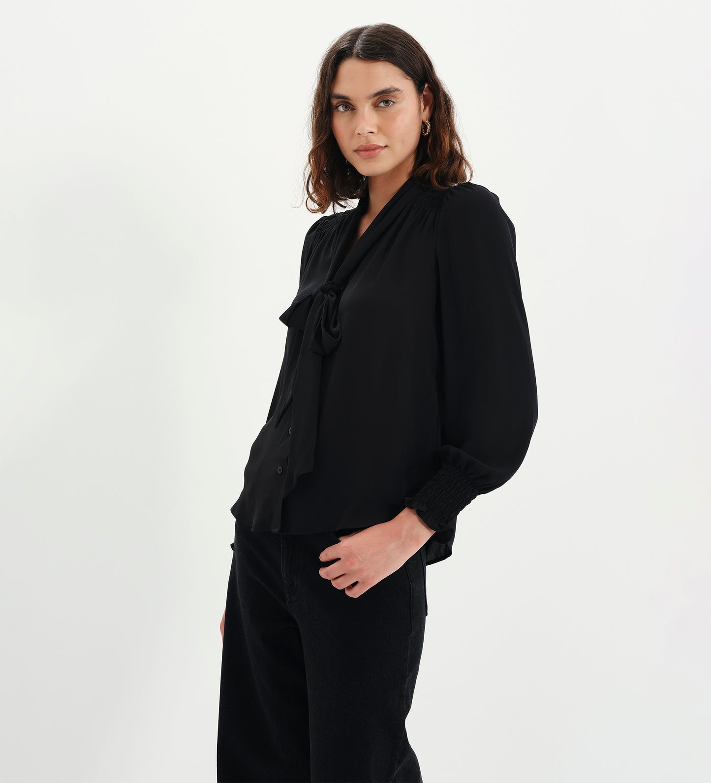 Mavis Black Pussy Bow Button-Through Blouse