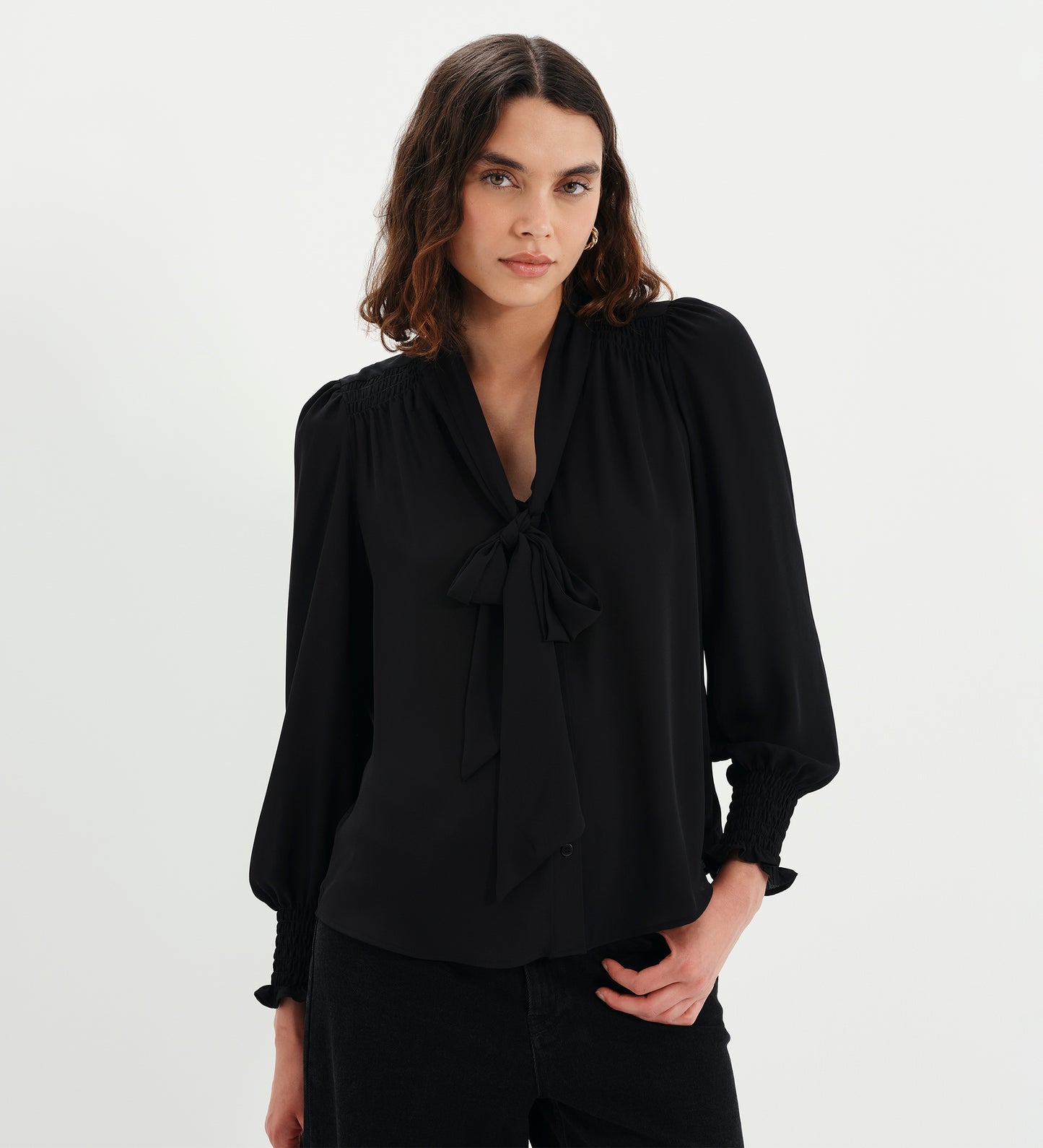 Mavis Black Pussy Bow Button-Through Blouse
