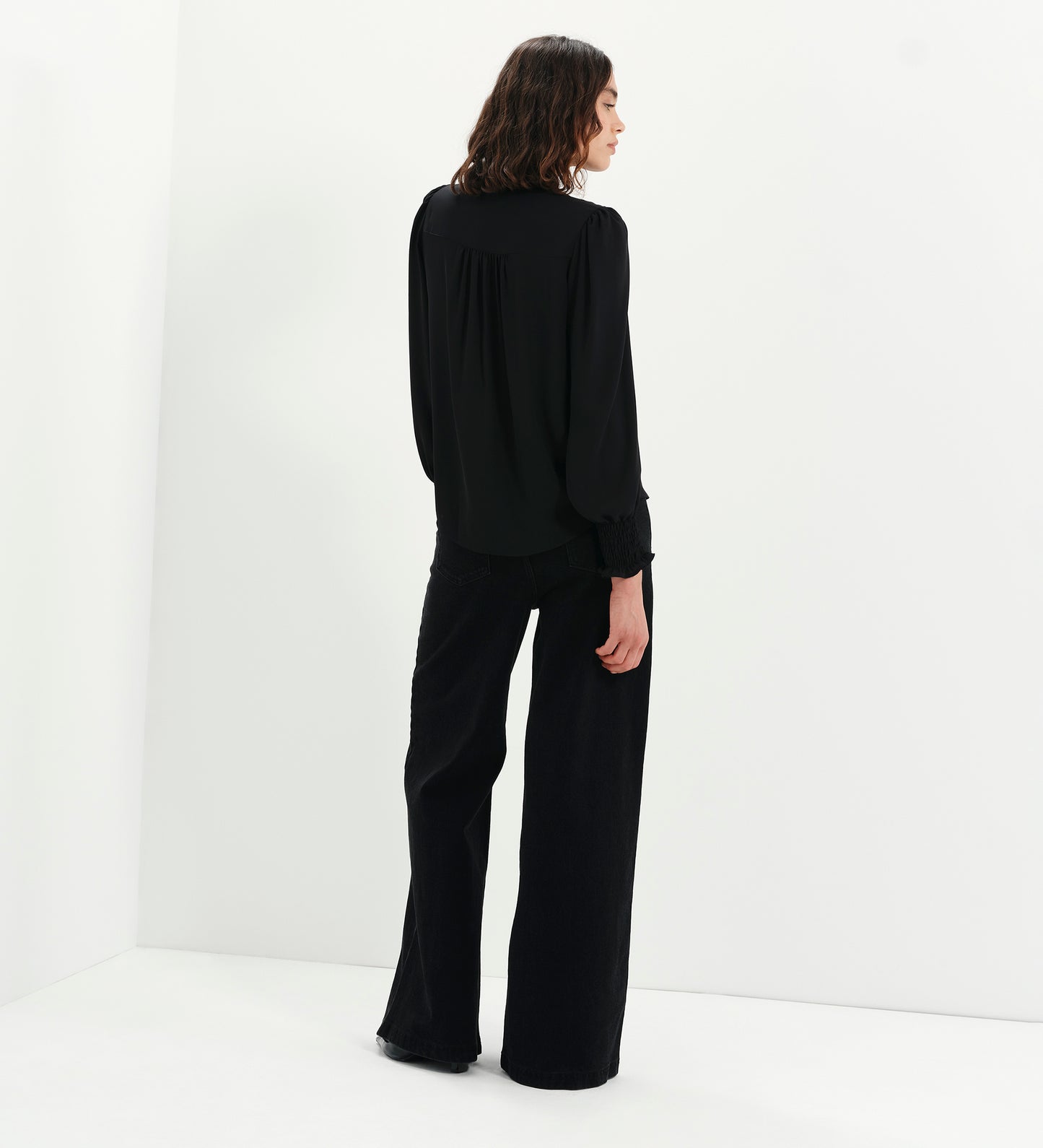 Mavis Black Pussy Bow Button-Through Blouse