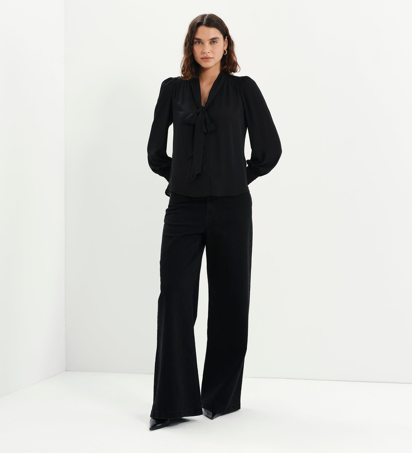 Mavis Black Pussy Bow Button-Through Blouse
