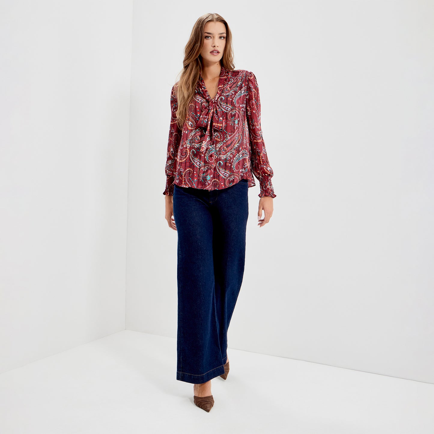 Mavis Burgundy Paisley Pussy Bow Button-Through Chiffon Blouse