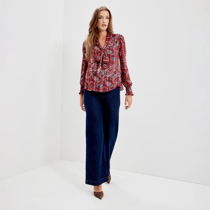 Mavis Burgundy Paisley Pussy Bow Button-Through Chiffon Blouse
