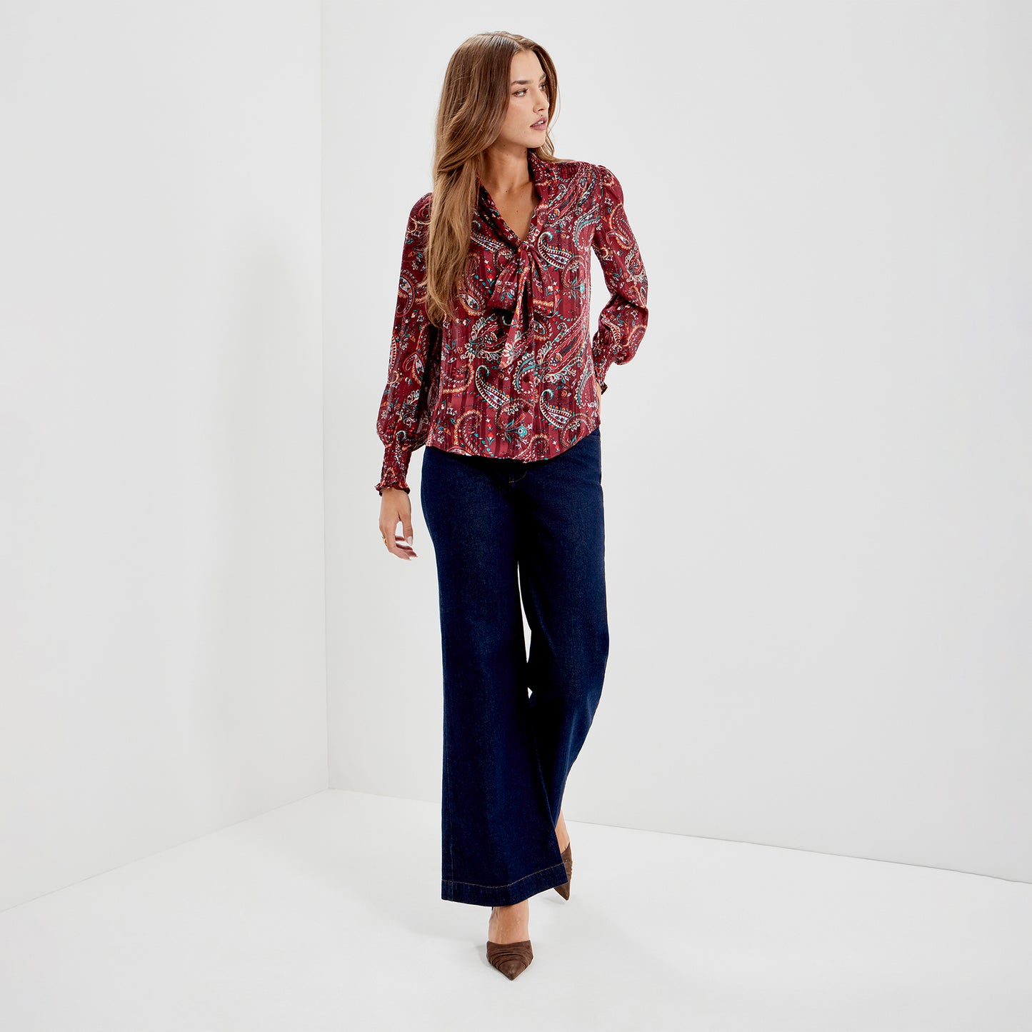 Mavis Burgundy Paisley Pussy Bow Button-Through Chiffon Blouse