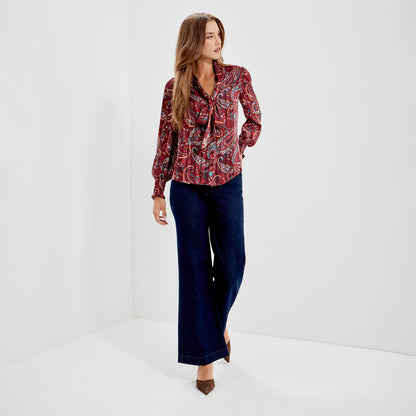 Mavis Burgundy Paisley Pussy Bow Button-Through Chiffon Blouse