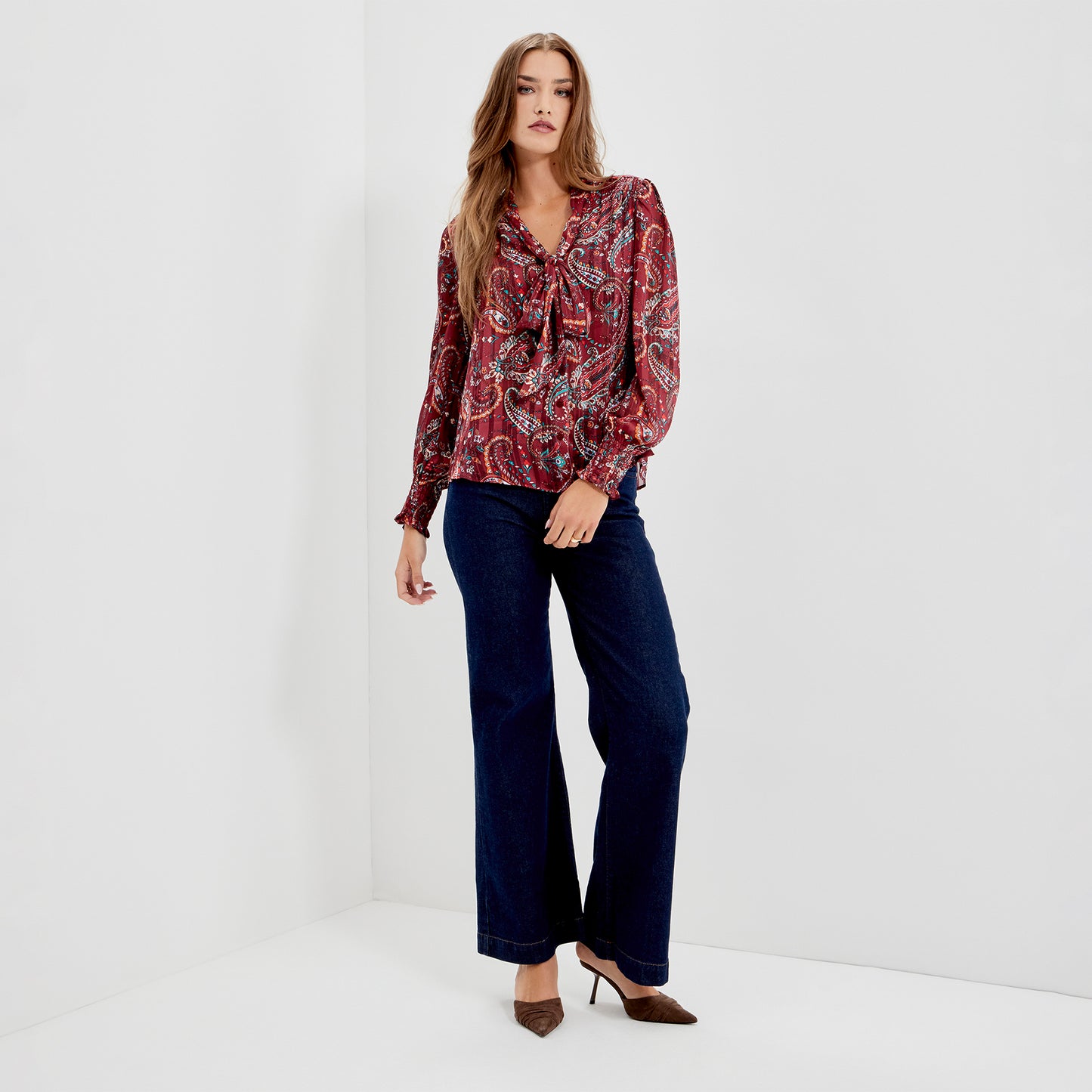 Mavis Burgundy Paisley Pussy Bow Button-Through Chiffon Blouse