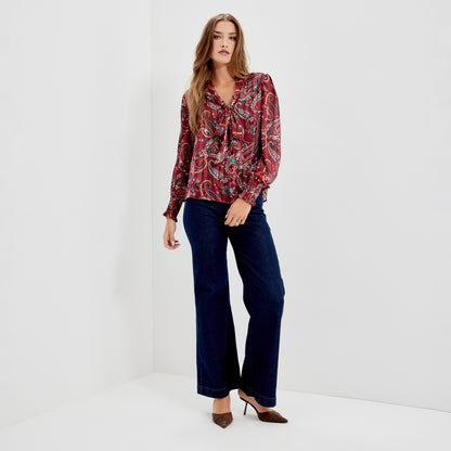 Mavis Burgundy Paisley Pussy Bow Button-Through Chiffon Blouse