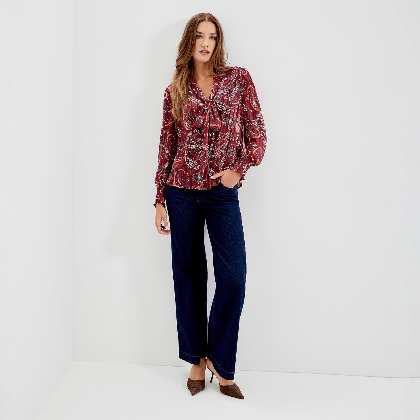 Mavis Burgundy Paisley Pussy Bow Button-Through Chiffon Blouse