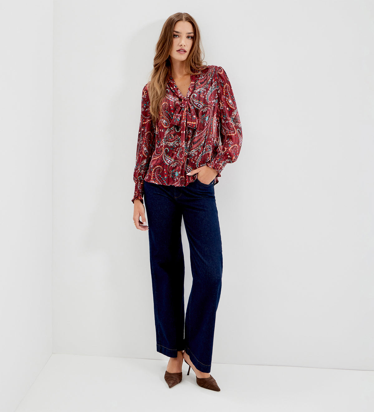 Mavis Burgundy Paisley Pussy Bow Button-Through Chiffon Blouse