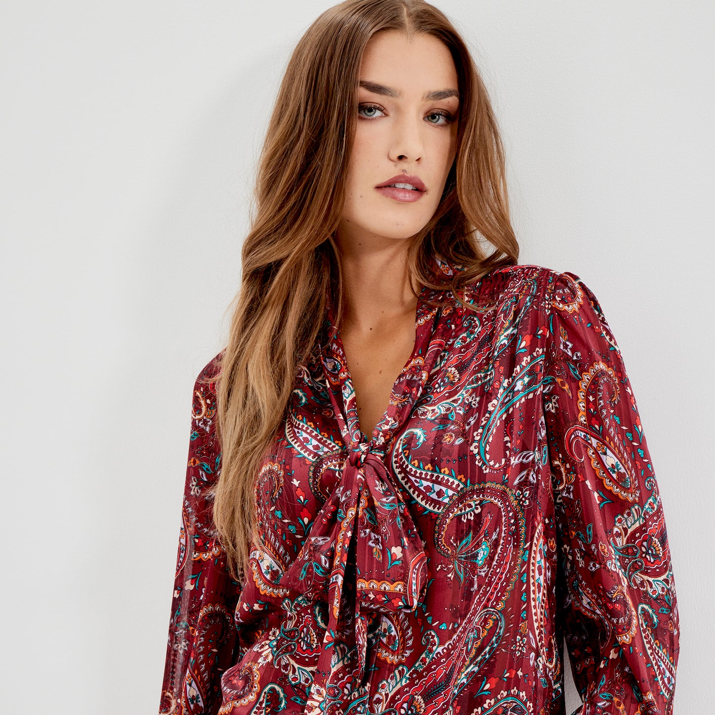 Mavis Burgundy Paisley Pussy Bow Button-Through Chiffon Blouse