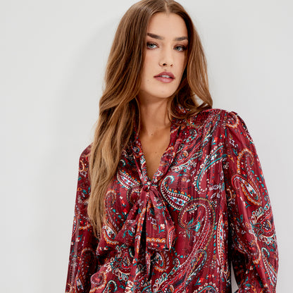 Mavis Burgundy Paisley Pussy Bow Button-Through Chiffon Blouse