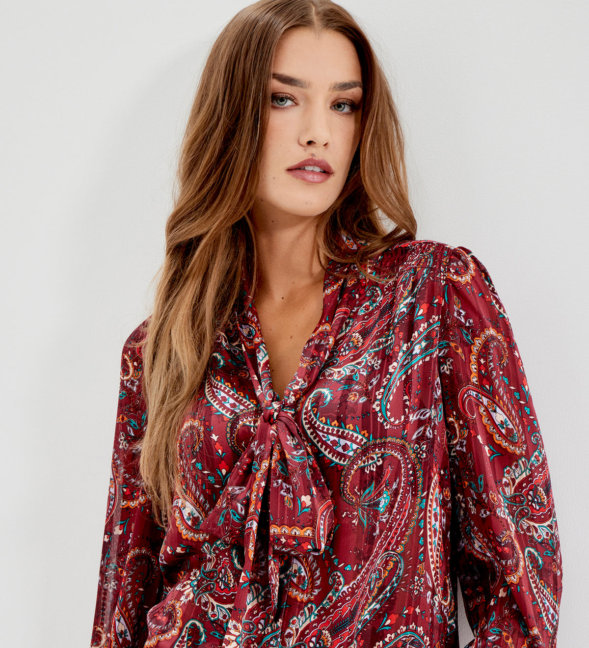 Mavis Burgundy Paisley Pussy Bow Button-Through Chiffon Blouse