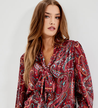 Mavis Burgundy Paisley Pussy Bow Button-Through Chiffon Blouse