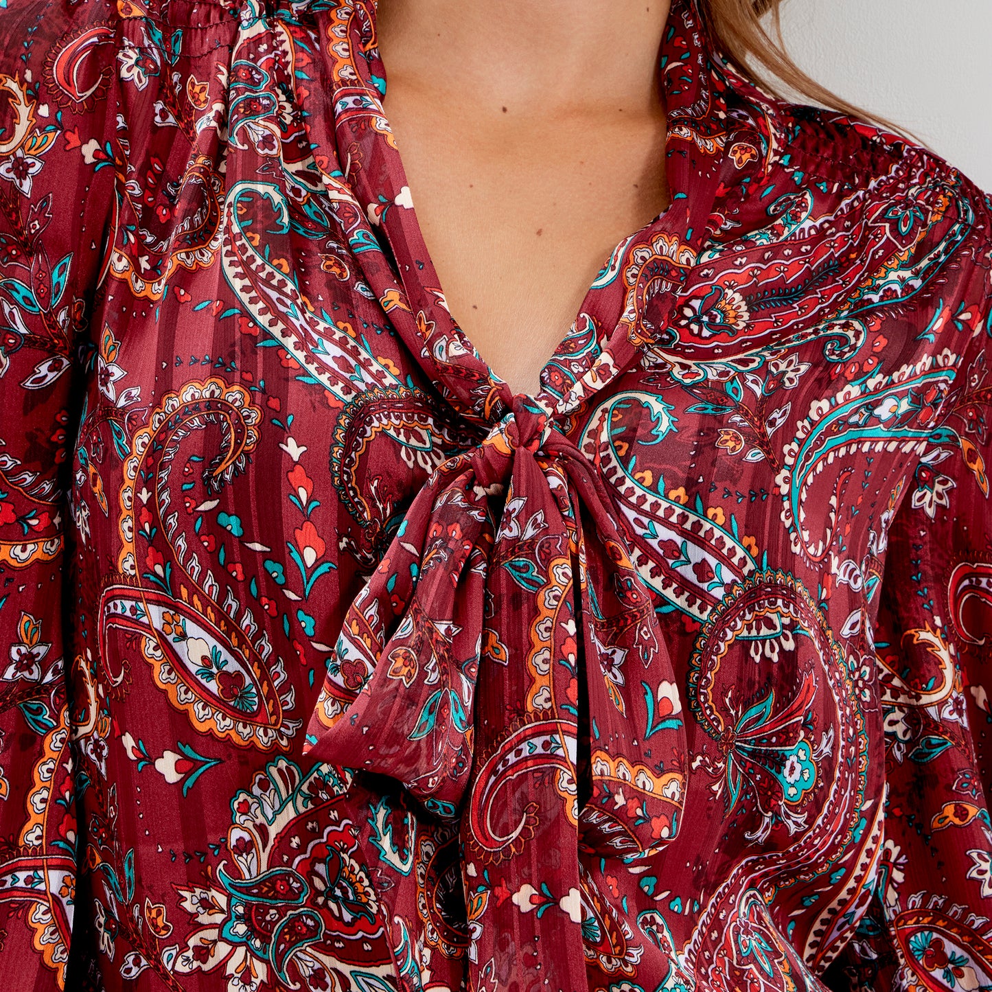 Mavis Burgundy Paisley Pussy Bow Button-Through Chiffon Blouse
