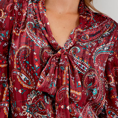 Mavis Burgundy Paisley Pussy Bow Button-Through Chiffon Blouse
