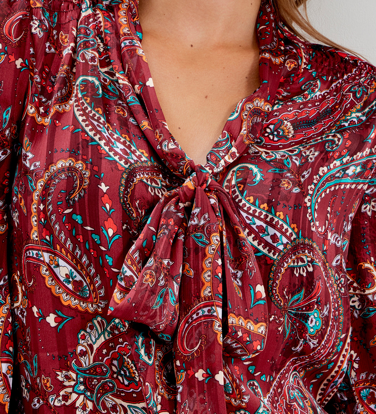 Mavis Burgundy Paisley Pussy Bow Button-Through Chiffon Blouse