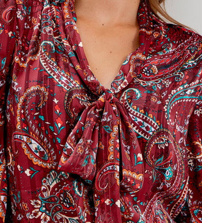 Mavis Burgundy Paisley Pussy Bow Button-Through Chiffon Blouse