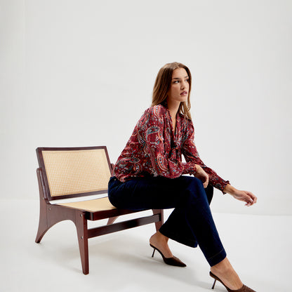 Mavis Burgundy Paisley Pussy Bow Button-Through Chiffon Blouse