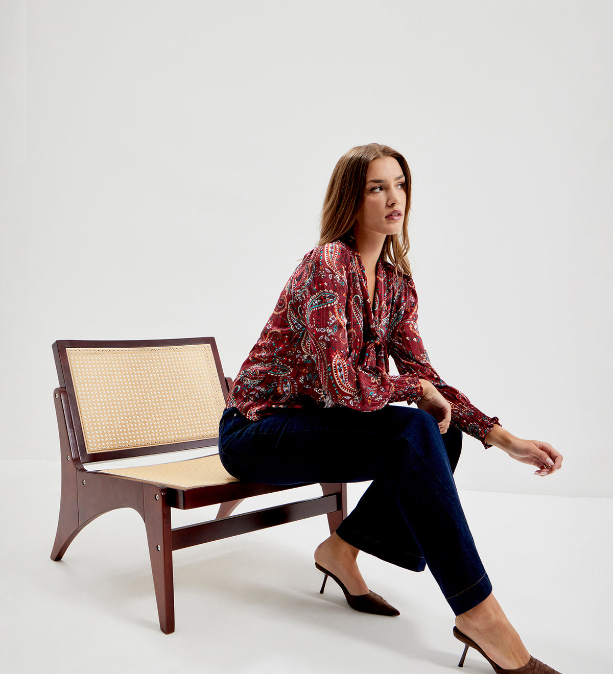 Mavis Burgundy Paisley Pussy Bow Button-Through Chiffon Blouse