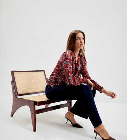 Mavis Burgundy Paisley Pussy Bow Button-Through Chiffon Blouse