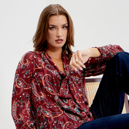 Mavis Burgundy Paisley Pussy Bow Button-Through Chiffon Blouse