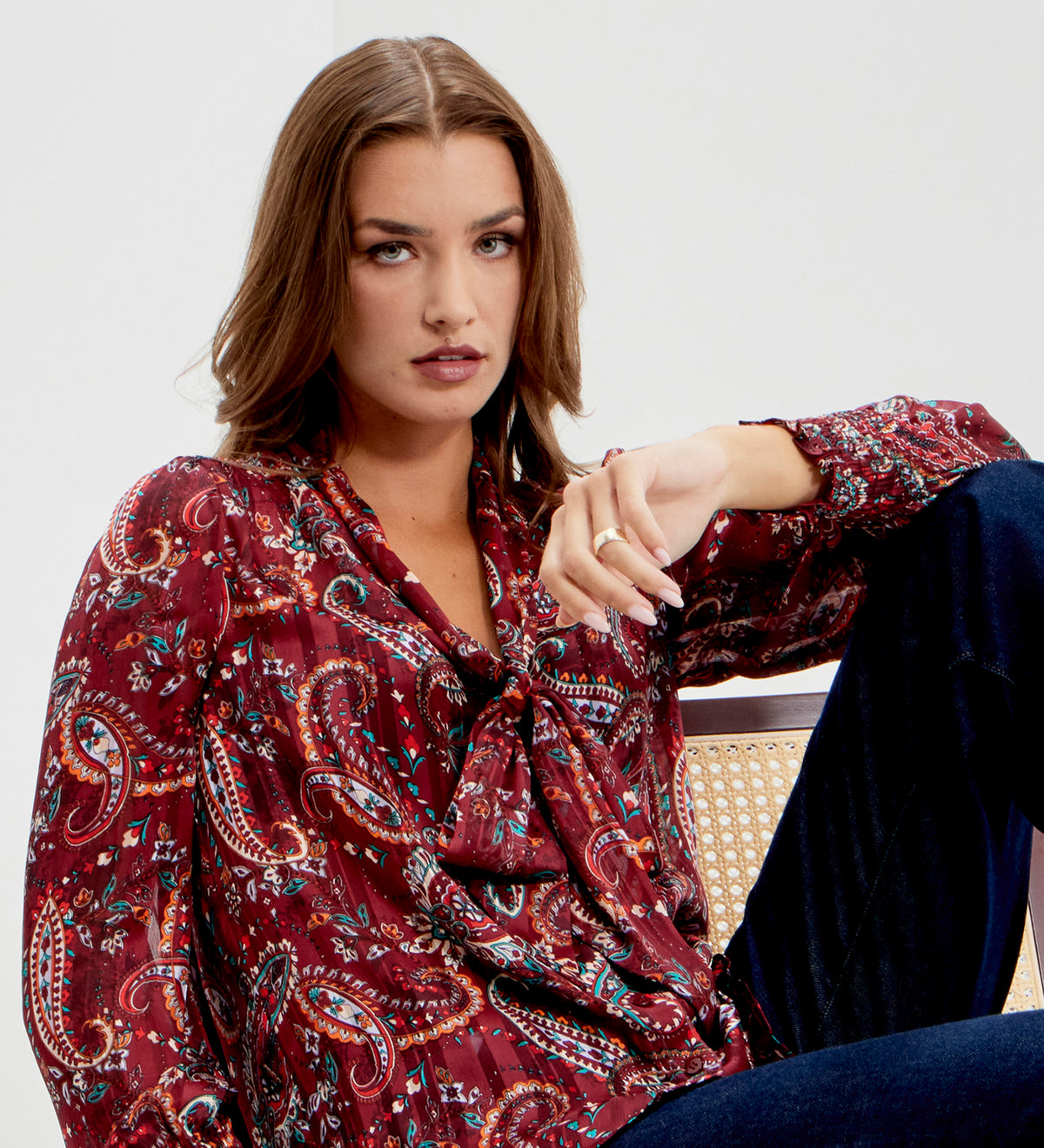 Mavis Burgundy Paisley Pussy Bow Button-Through Chiffon Blouse