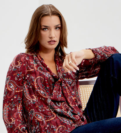 Mavis Burgundy Paisley Pussy Bow Button-Through Chiffon Blouse
