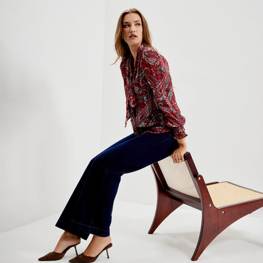 Mavis Burgundy Paisley Pussy Bow Button-Through Chiffon Blouse