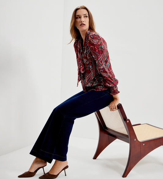 Mavis Burgundy Paisley Pussy Bow Button-Through Chiffon Blouse
