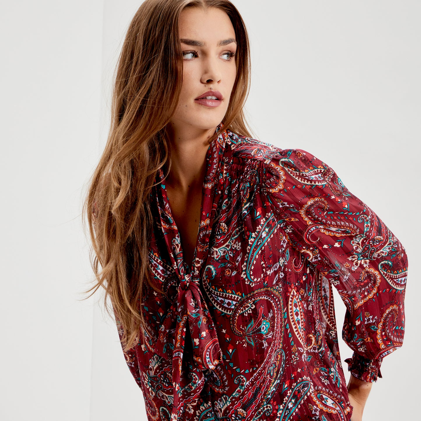 Mavis Burgundy Paisley Pussy Bow Button-Through Chiffon Blouse