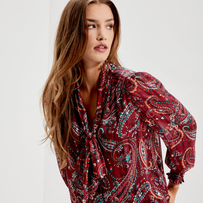 Mavis Burgundy Paisley Pussy Bow Button-Through Chiffon Blouse