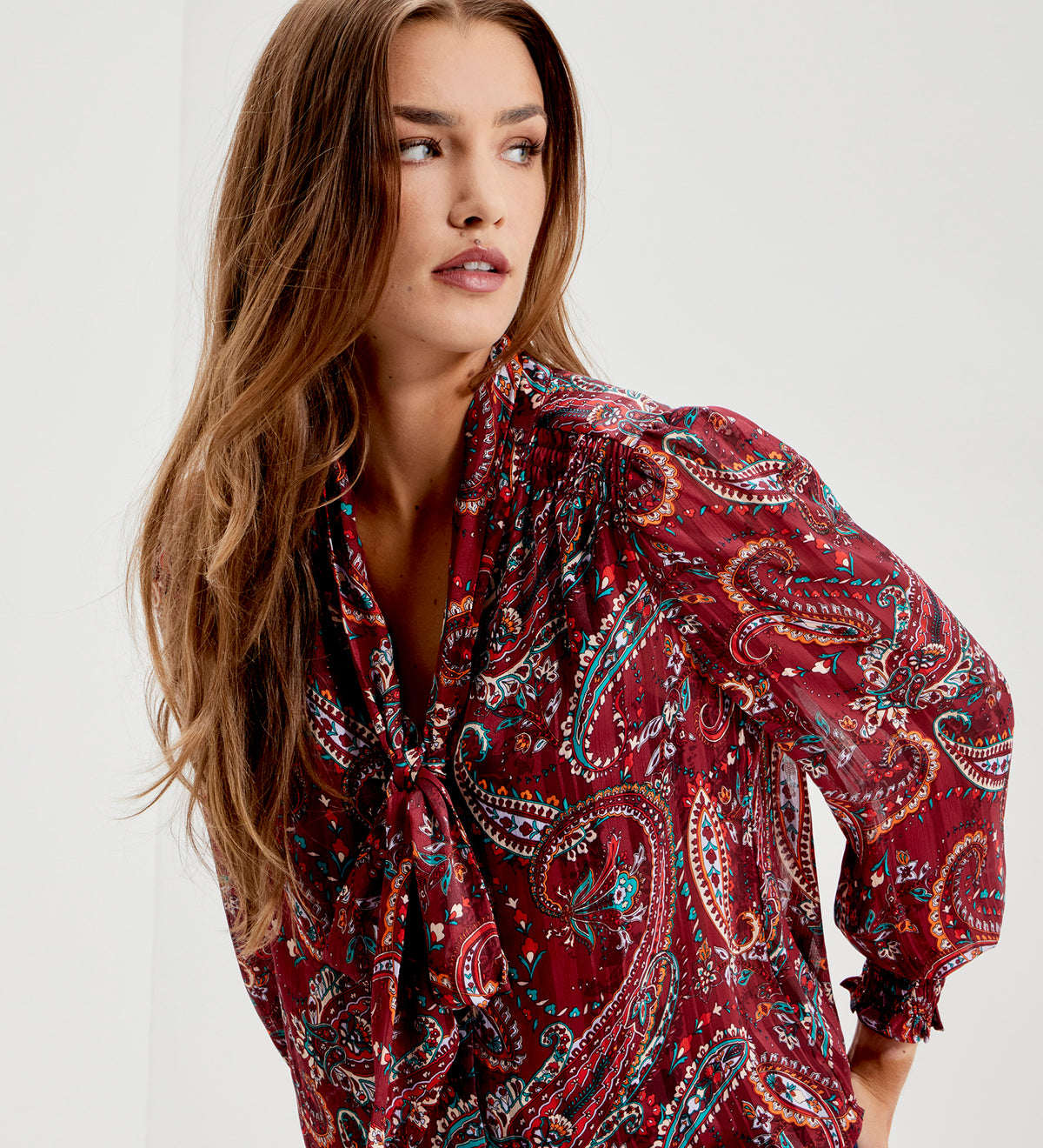Mavis Burgundy Paisley Pussy Bow Button-Through Chiffon Blouse