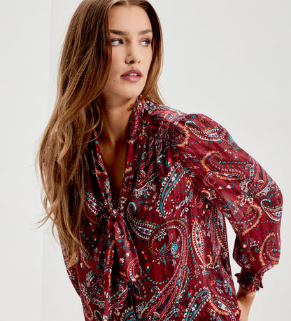 Mavis Burgundy Paisley Pussy Bow Button-Through Chiffon Blouse