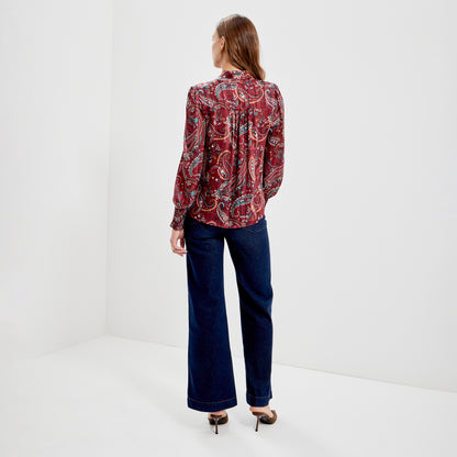 Mavis Burgundy Paisley Pussy Bow Button-Through Chiffon Blouse